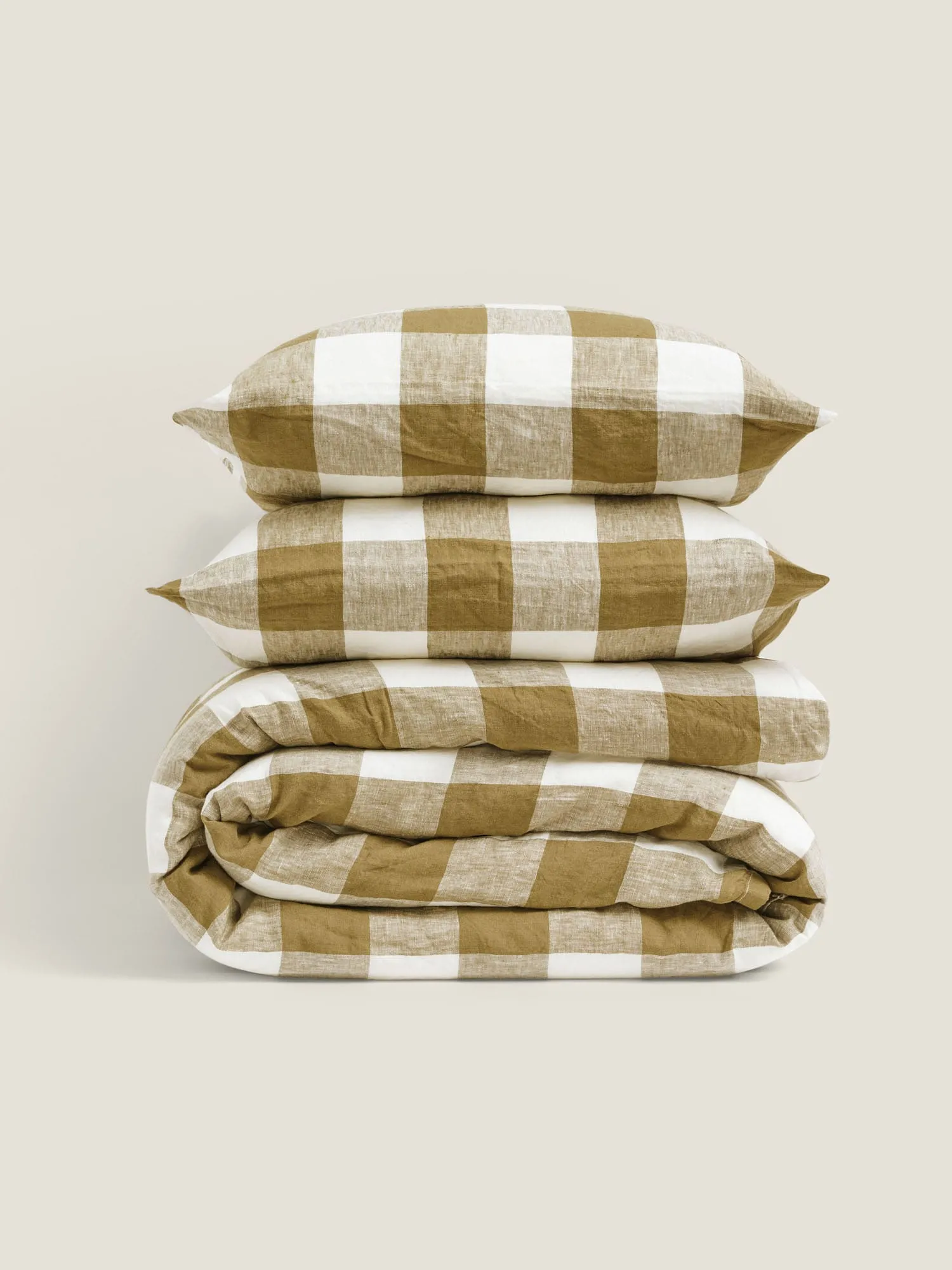 100% Linen Duvet Cover in Olive Check