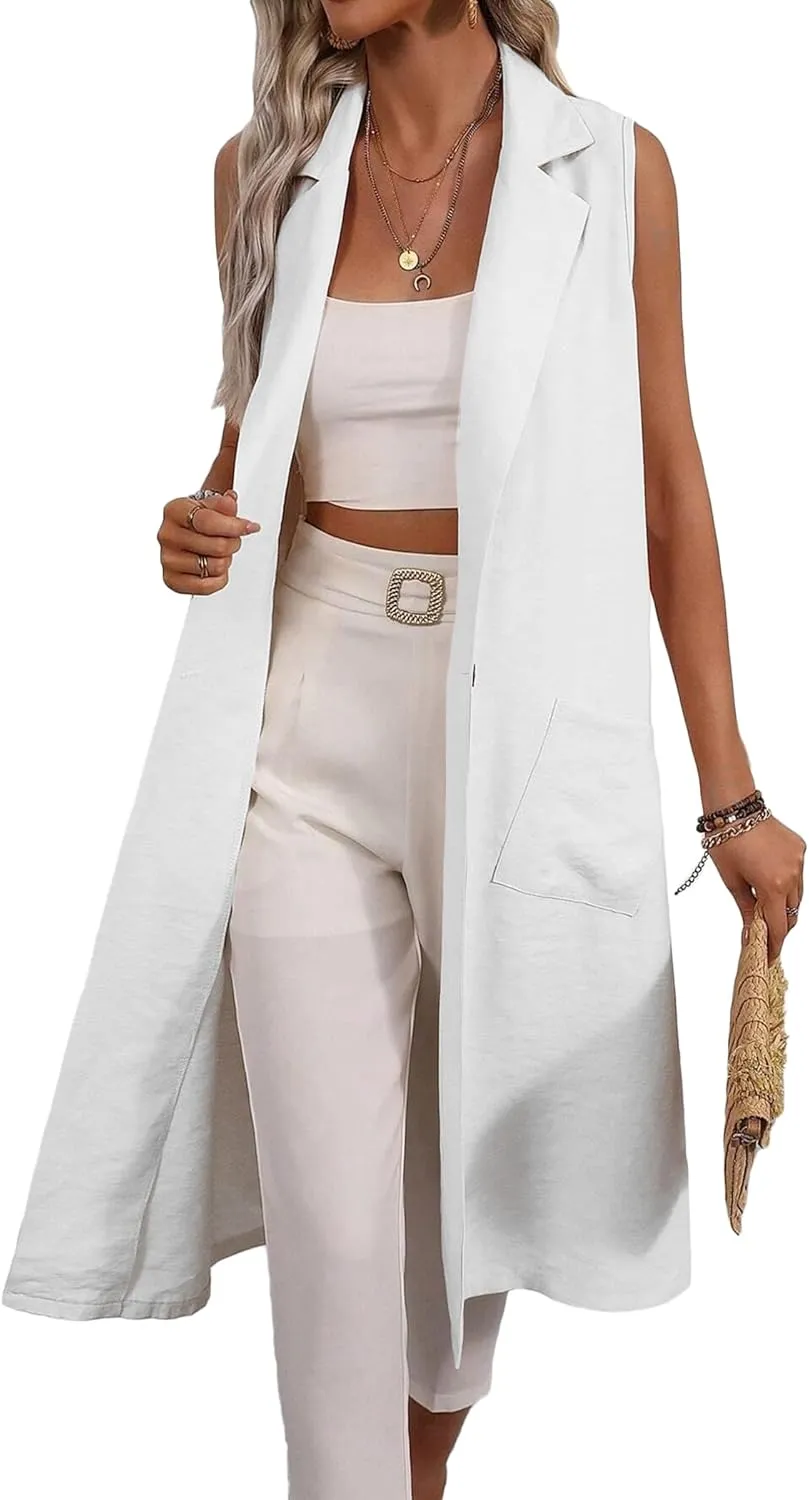 2025 Summer Sleeveless Long Linen Blazers Jacket Women Lightweight Fashion Casual Work Outerwear with Pockets