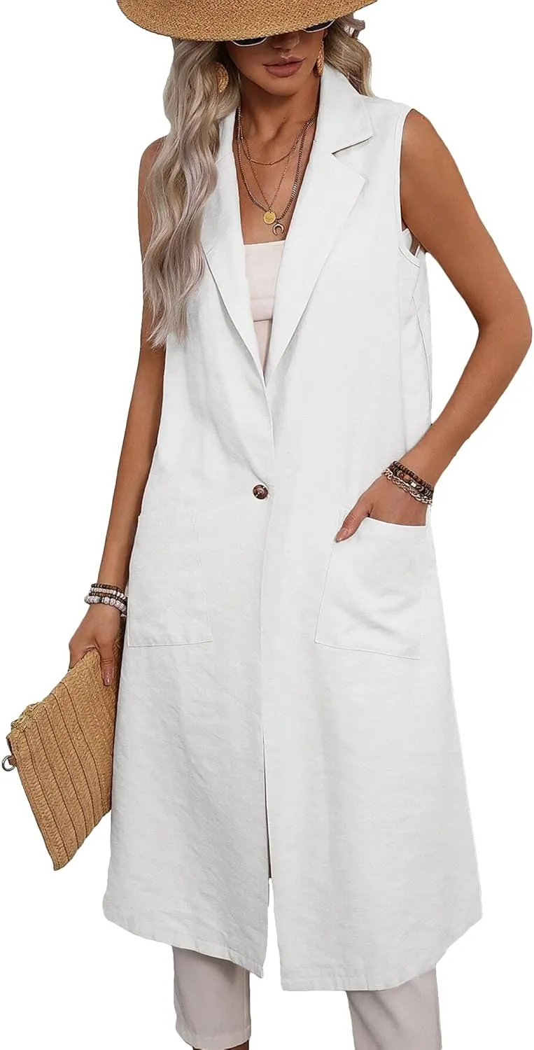 2025 Summer Sleeveless Long Linen Blazers Jacket Women Lightweight Fashion Casual Work Outerwear with Pockets