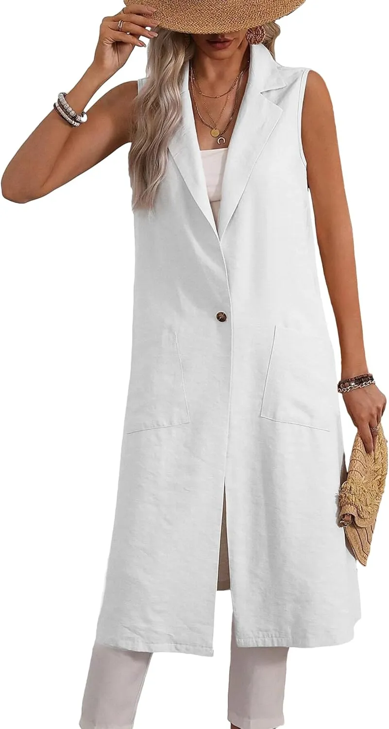 2025 Summer Sleeveless Long Linen Blazers Jacket Women Lightweight Fashion Casual Work Outerwear with Pockets