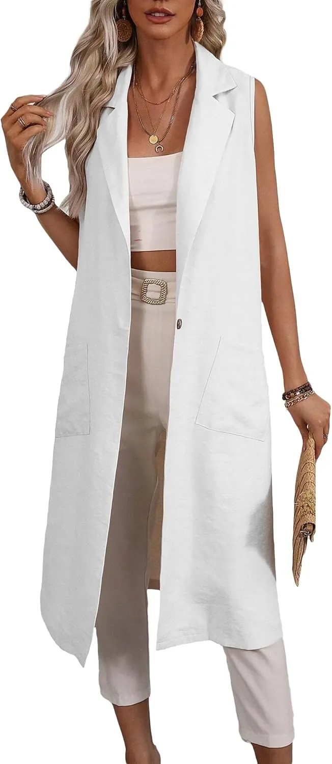 2025 Summer Sleeveless Long Linen Blazers Jacket Women Lightweight Fashion Casual Work Outerwear with Pockets