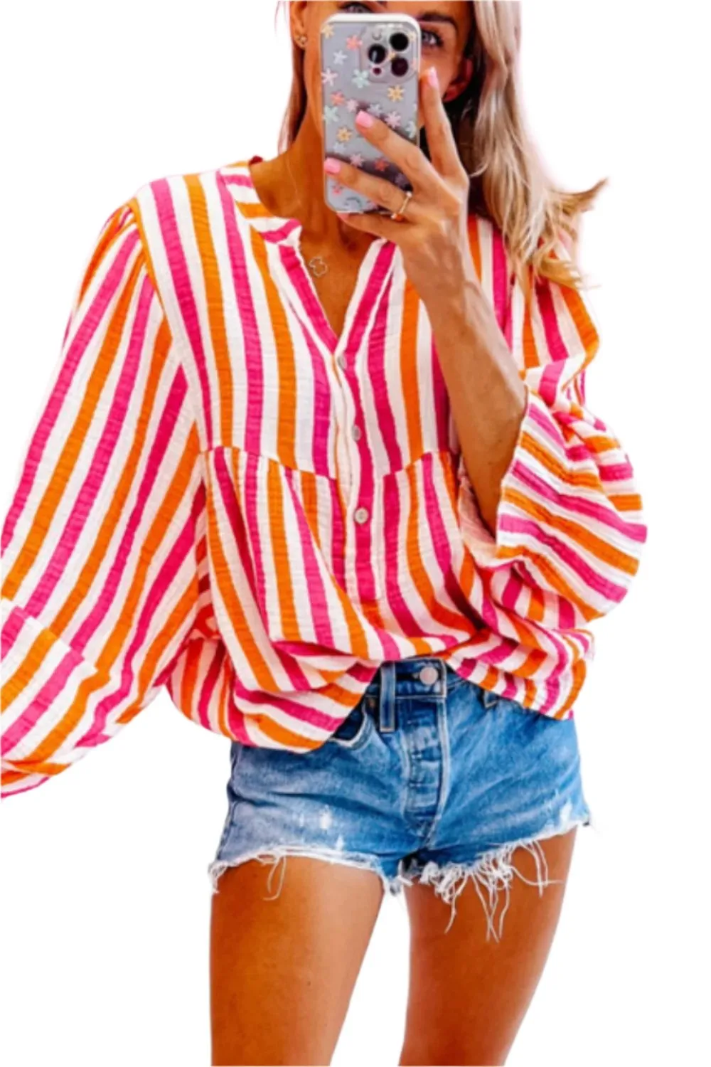 aaTEEK - Red Striped Notched Flounce Sleeve Blouse