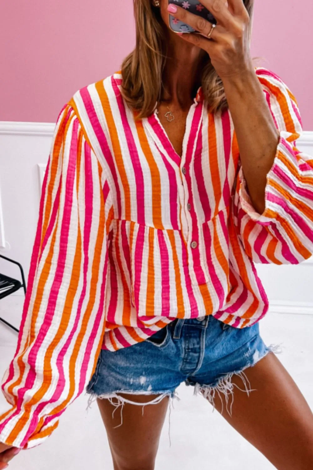 aaTEEK - Red Striped Notched Flounce Sleeve Blouse