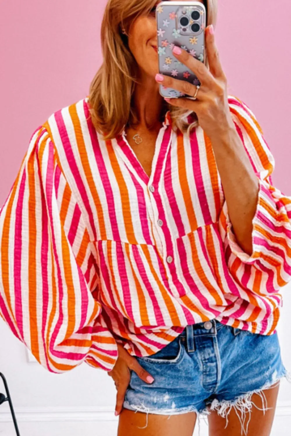 aaTEEK - Red Striped Notched Flounce Sleeve Blouse