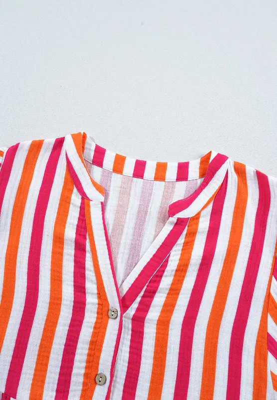 aaTEEK - Red Striped Notched Flounce Sleeve Blouse