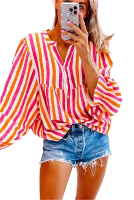 aaTEEK - Red Striped Notched Flounce Sleeve Blouse