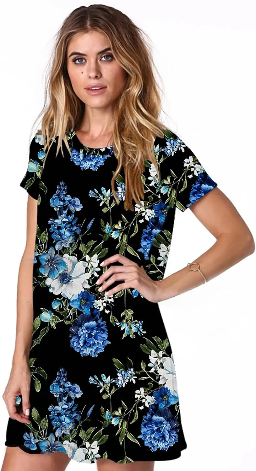 Alaster Womens Casual Summer T Shirt Dress Loose Short Sleeve Tunic Dress with Pocket for Women