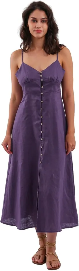 Amazhiyu Womens 100% Linen Summer Spaghetti Strap Button Down Midi Dress Casual
