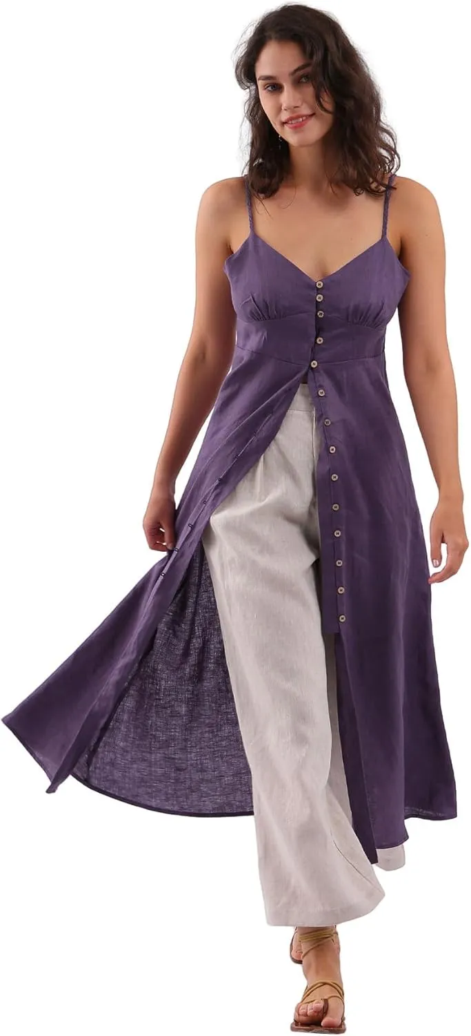 Amazhiyu Womens 100% Linen Summer Spaghetti Strap Button Down Midi Dress Casual