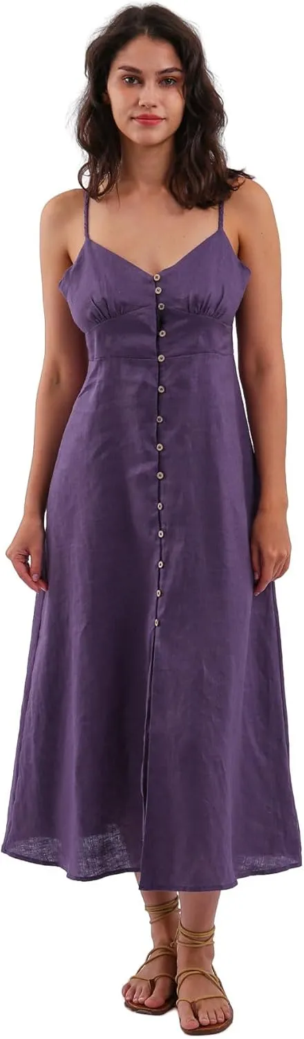 Amazhiyu Womens 100% Linen Summer Spaghetti Strap Button Down Midi Dress Casual