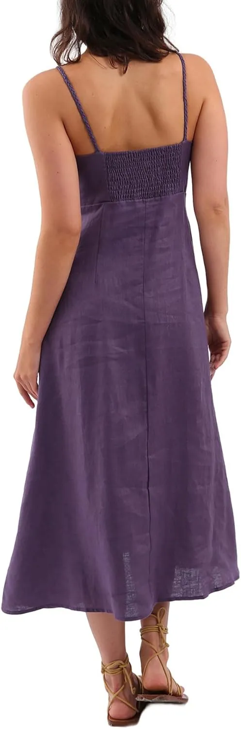 Amazhiyu Womens 100% Linen Summer Spaghetti Strap Button Down Midi Dress Casual