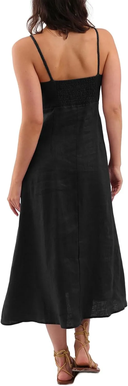 Amazhiyu Womens 100% Linen Summer Spaghetti Strap Button Down Midi Dress Casual