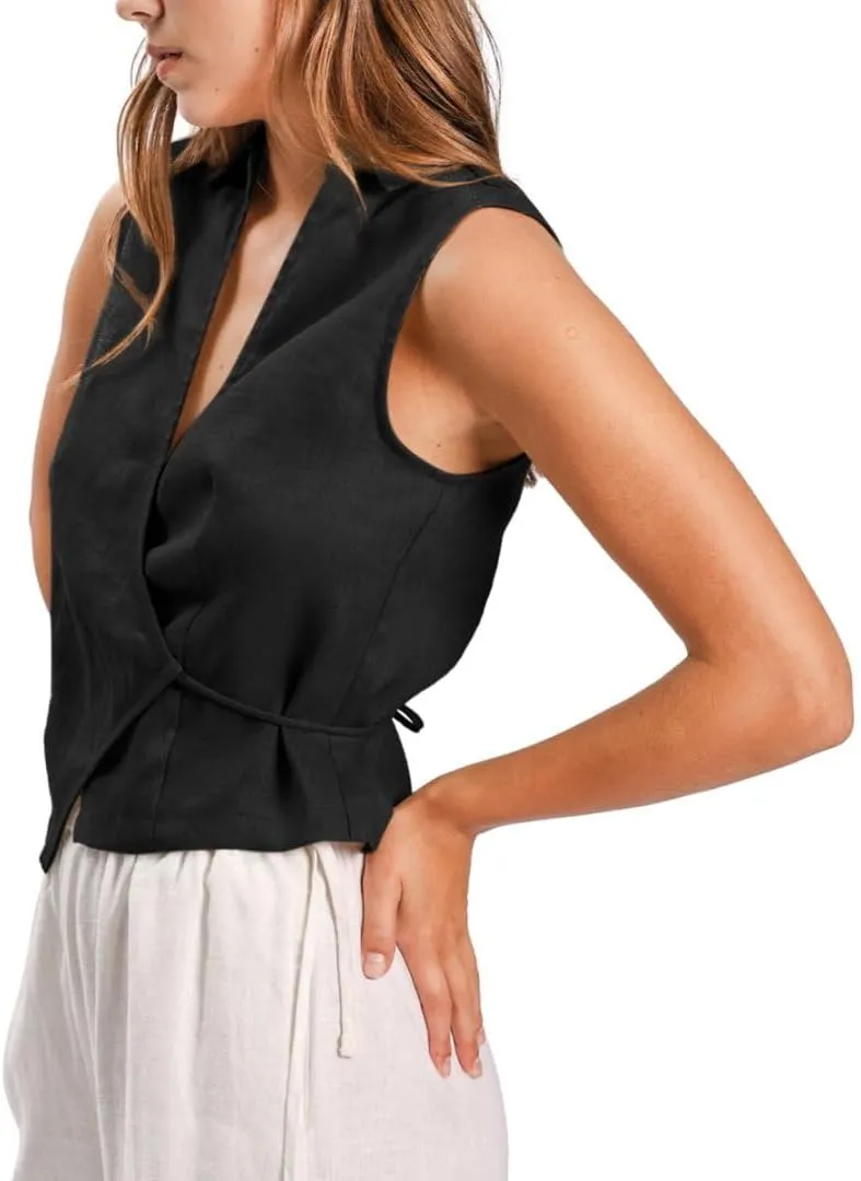 Amazhiyu Womens 100% Linen Summer V Neck Sleeveless Self Tie Waist Wrap Crop Top