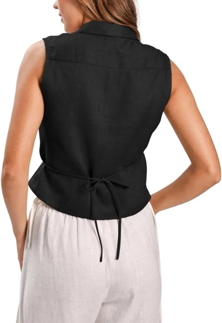 Amazhiyu Womens 100% Linen Summer V Neck Sleeveless Self Tie Waist Wrap Crop Top