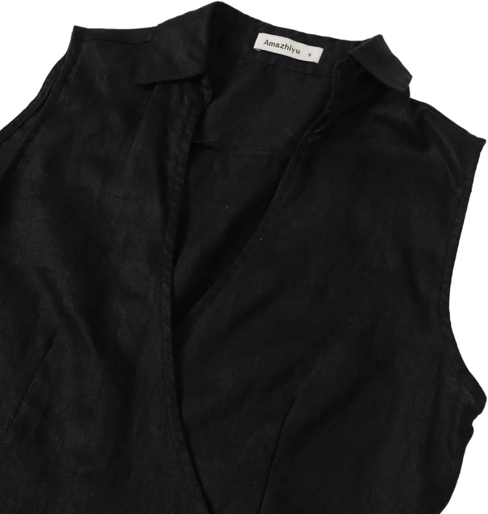 Amazhiyu Womens 100% Linen Summer V Neck Sleeveless Self Tie Waist Wrap Crop Top