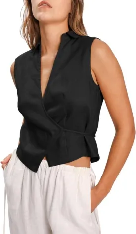 Amazhiyu Womens 100% Linen Summer V Neck Sleeveless Self Tie Waist Wrap Crop Top