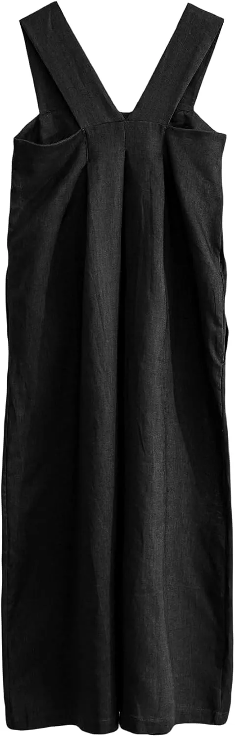 Amazhiyu Women's Pure Linen Summer Sleeveless Strap Midi Dresses with Pockets