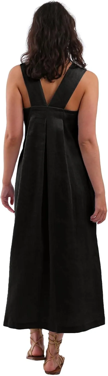 Amazhiyu Women's Pure Linen Summer Sleeveless Strap Midi Dresses with Pockets
