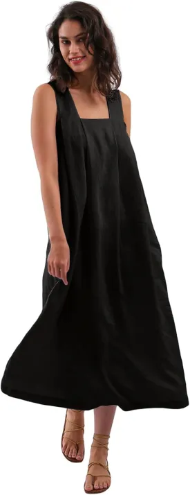 Amazhiyu Women's Pure Linen Summer Sleeveless Strap Midi Dresses with Pockets
