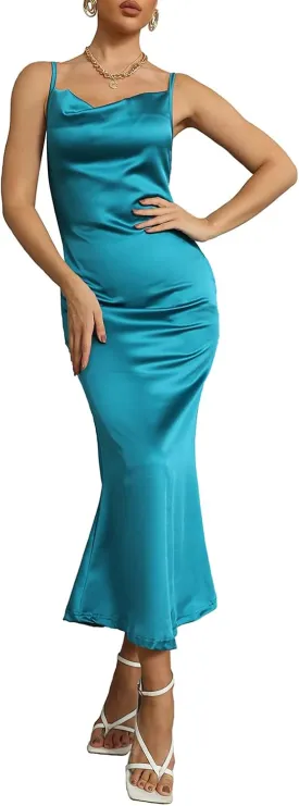 Amilia Women's Sexy Cowl Neck Backless Cami Slip Dress Cocktail Party Maxi Fishtail Mermaid Dress Nightgown