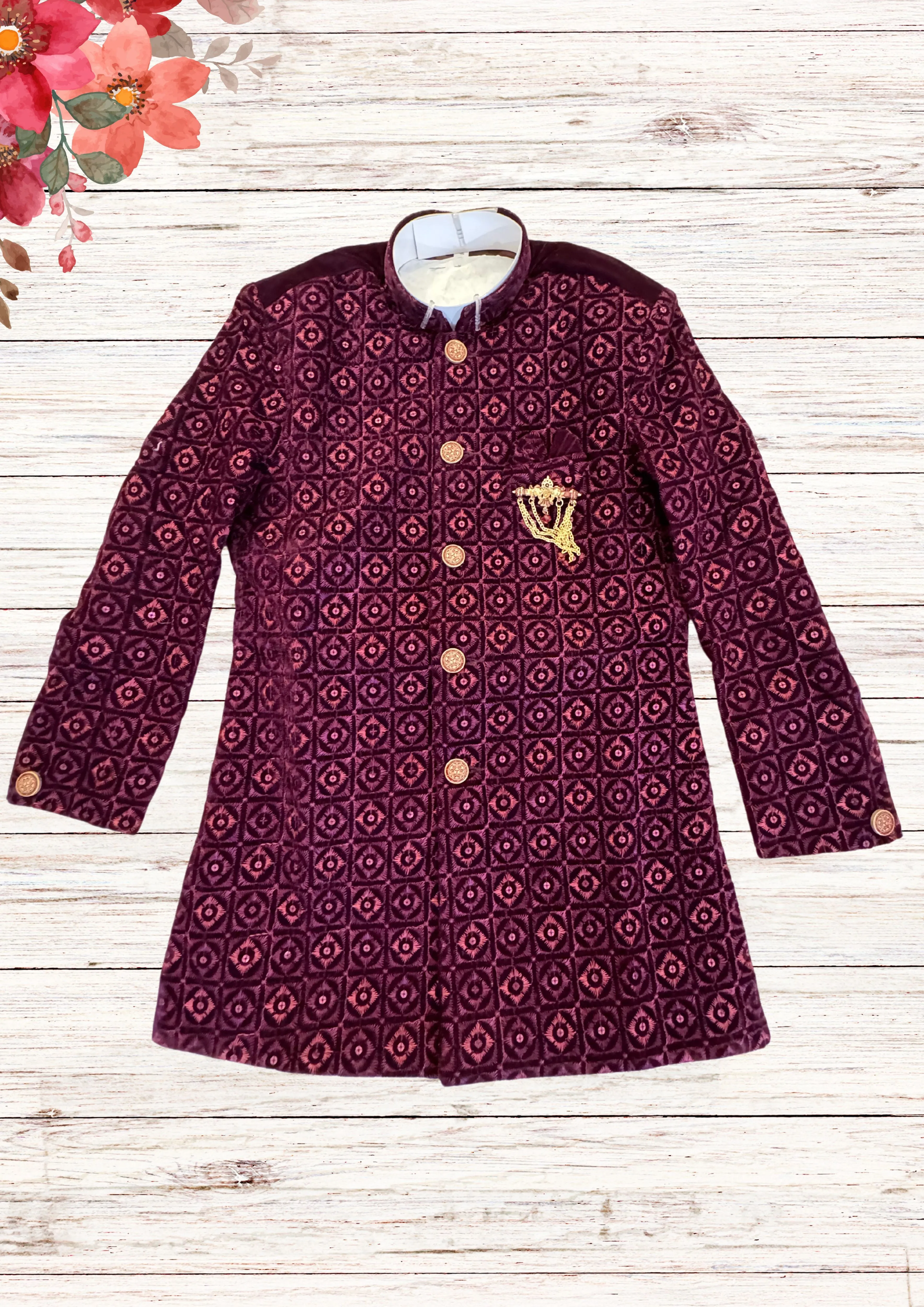 Attractive Wine Color Velvet Embroidery Work Kurta With Pajama Sets For Kids