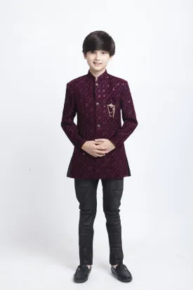 Attractive Wine Color Velvet Embroidery Work Kurta With Pajama Sets For Kids