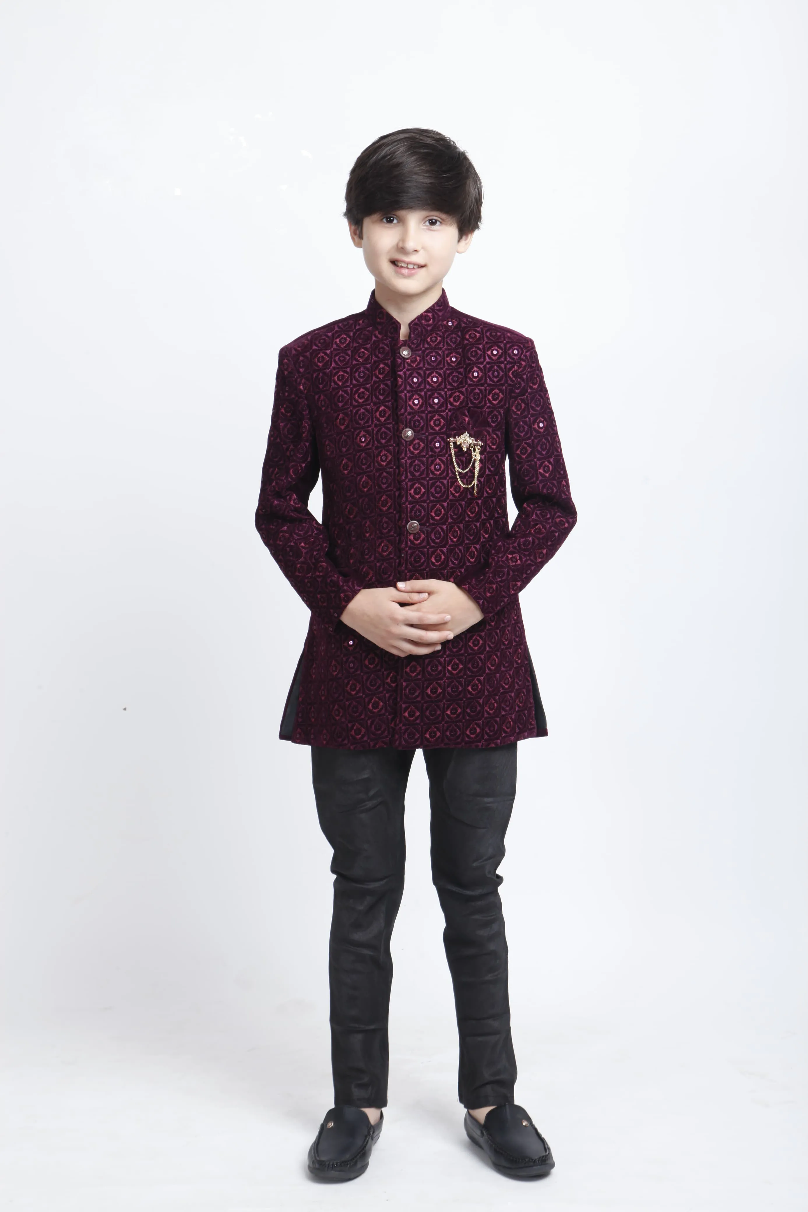 Attractive Wine Color Velvet Embroidery Work Kurta With Pajama Sets For Kids