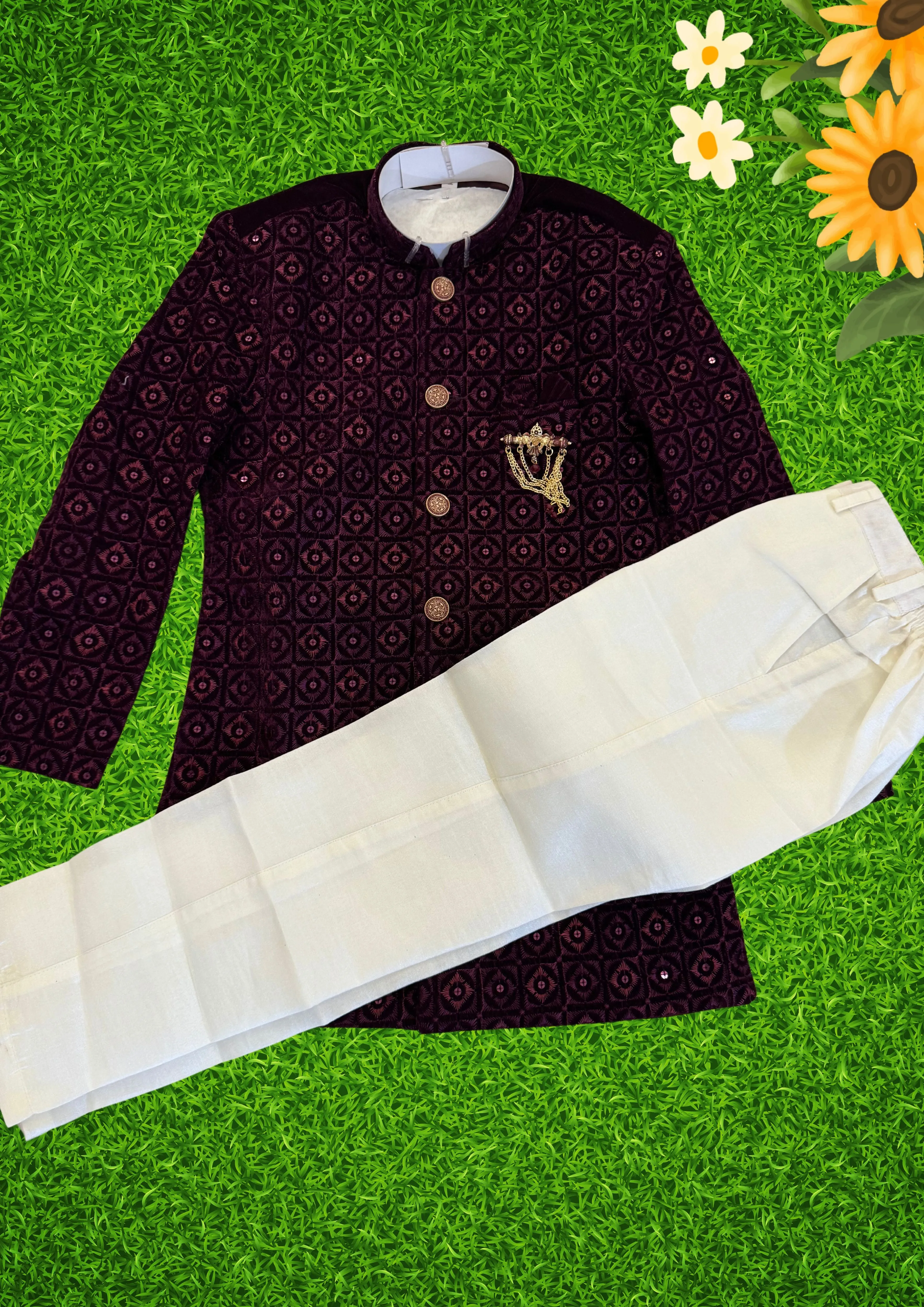Attractive Wine Color Velvet Embroidery Work Kurta With Pajama Sets For Kids