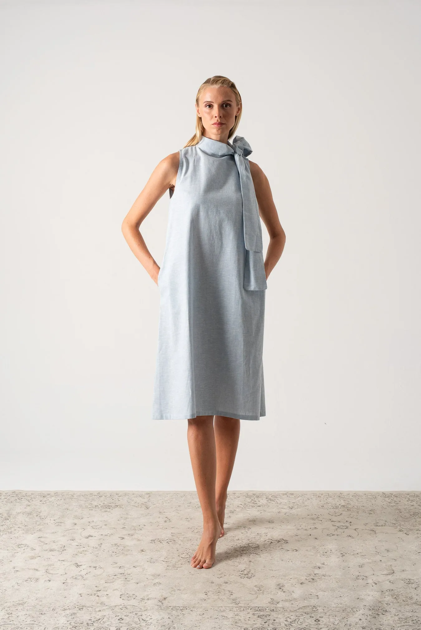 Axel Linen Tie Dress Sky Blue