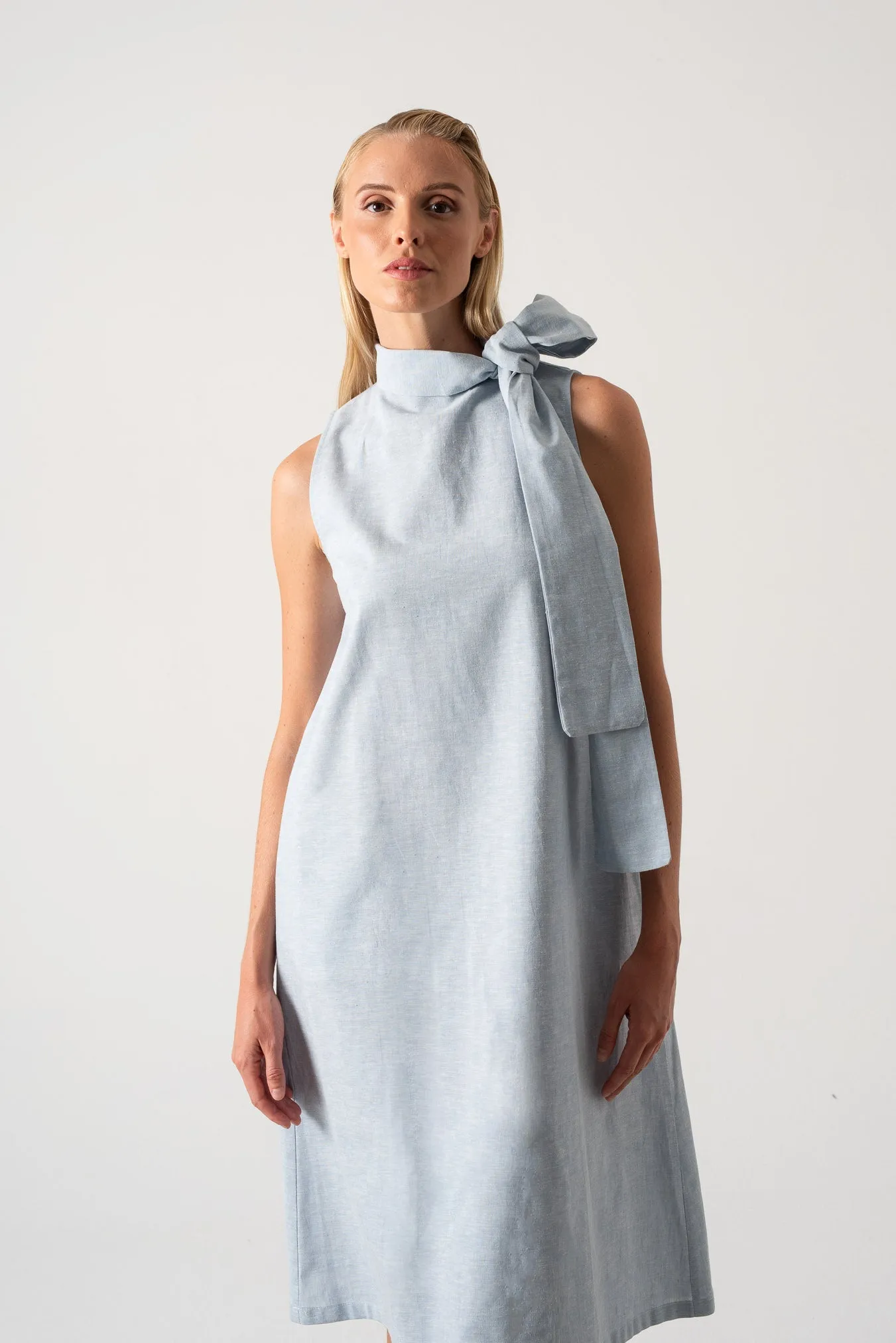 Axel Linen Tie Dress Sky Blue