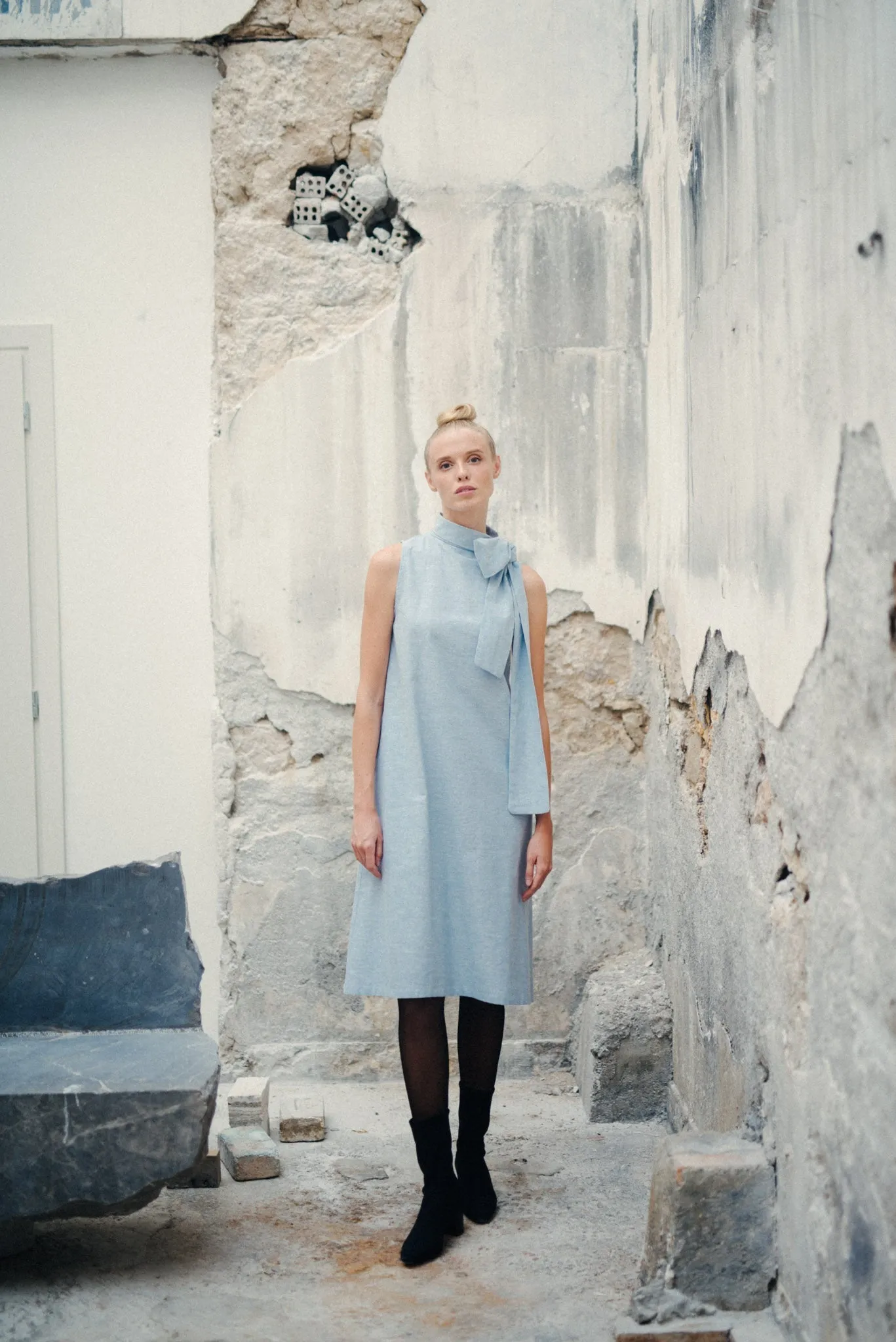 Axel Linen Tie Dress Sky Blue