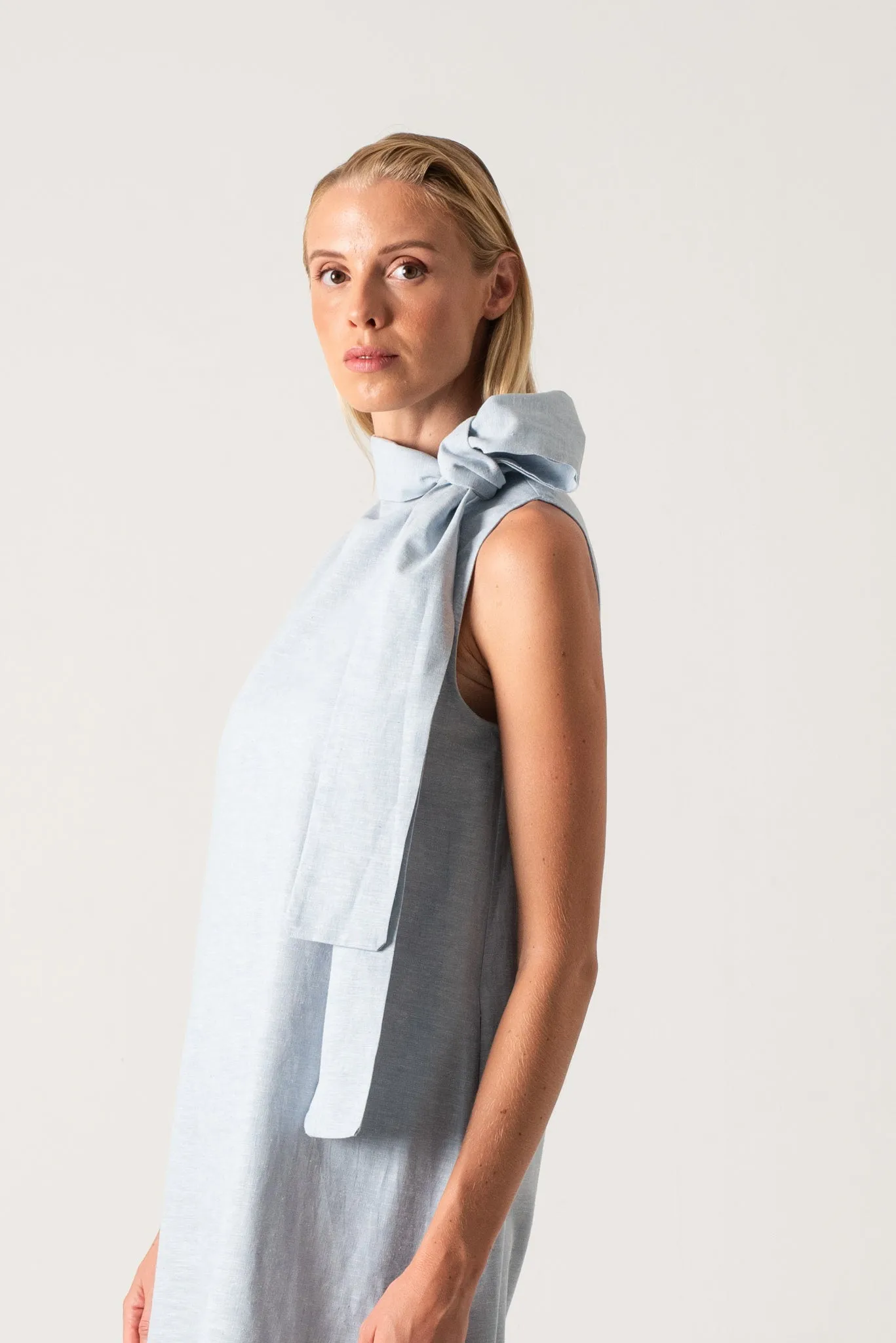 Axel Linen Tie Dress Sky Blue