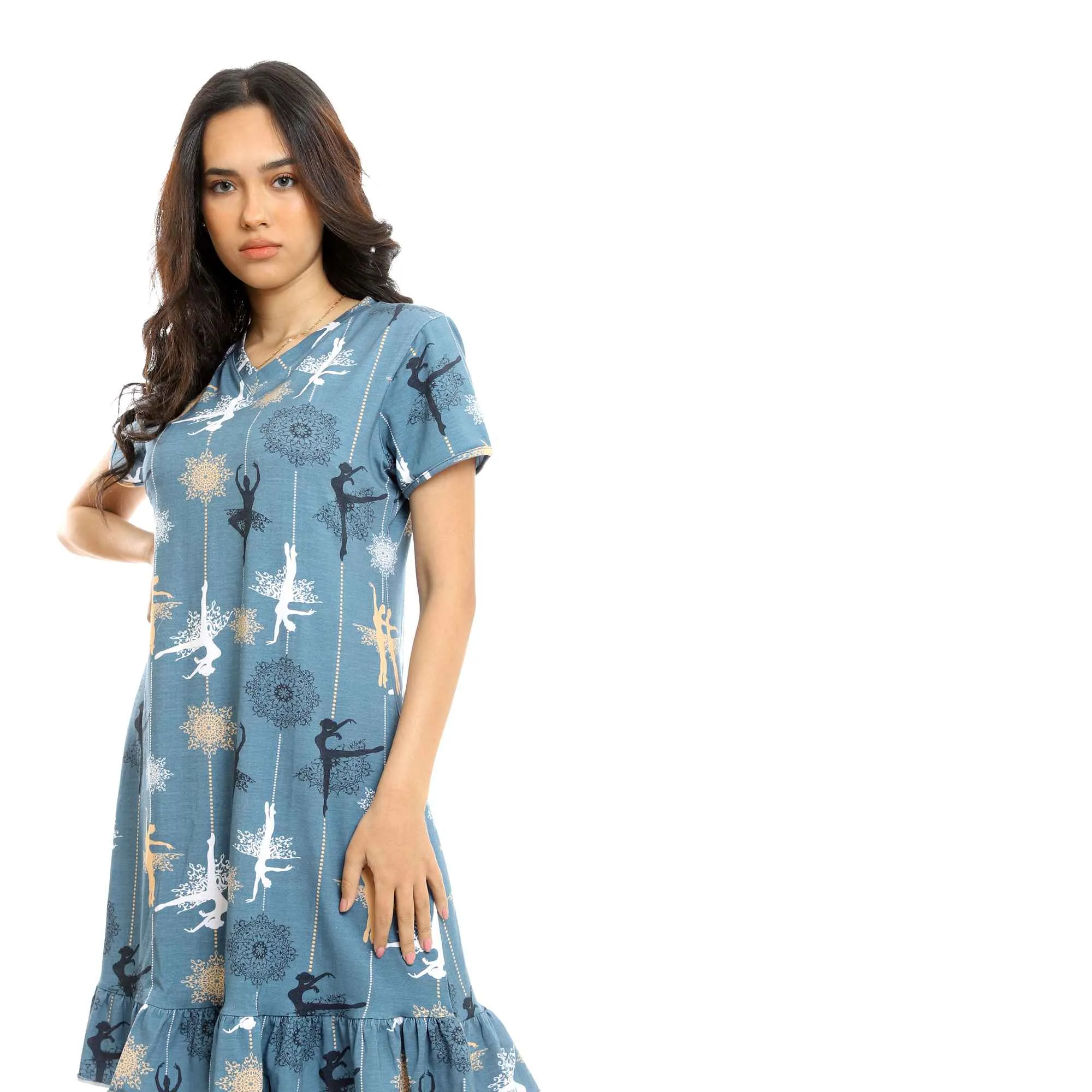 Ballerina Slip On Short Cotton Nightgown - Steel Blue