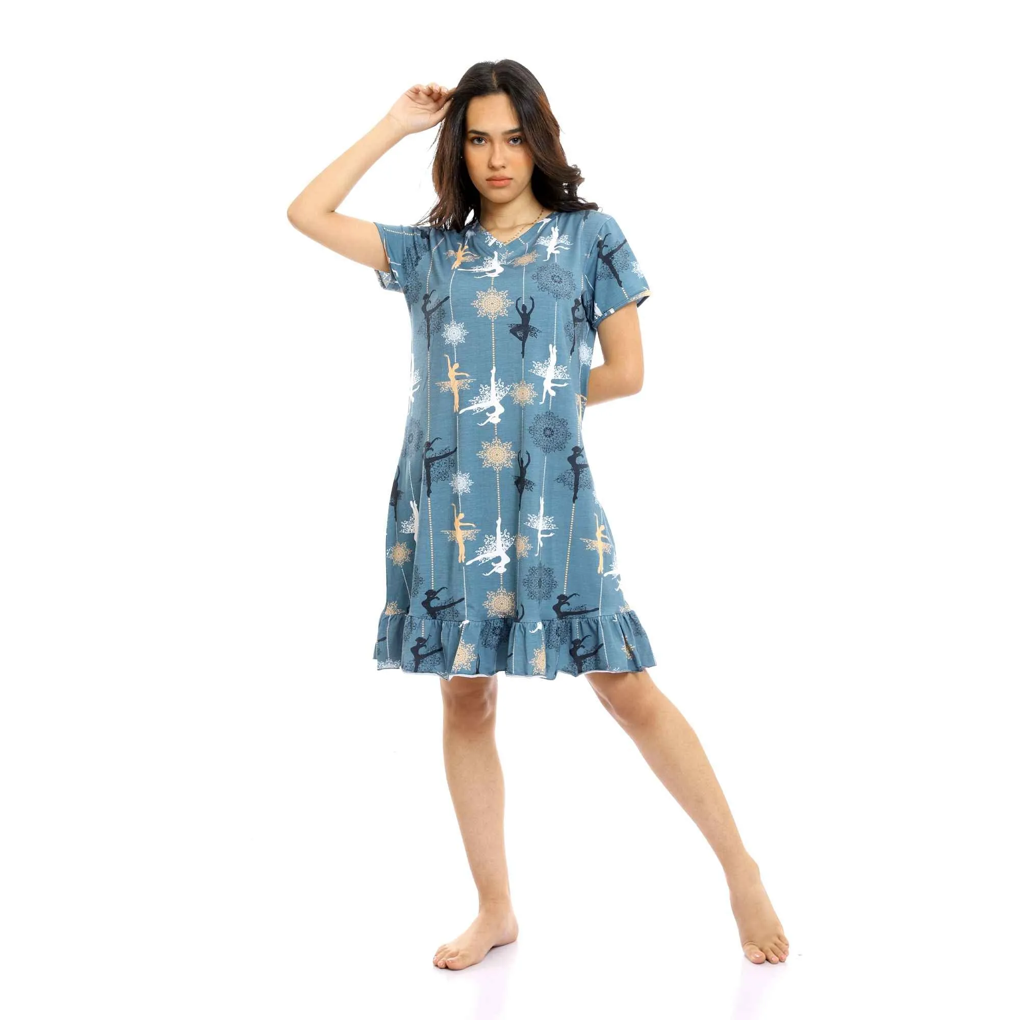 Ballerina Slip On Short Cotton Nightgown - Steel Blue