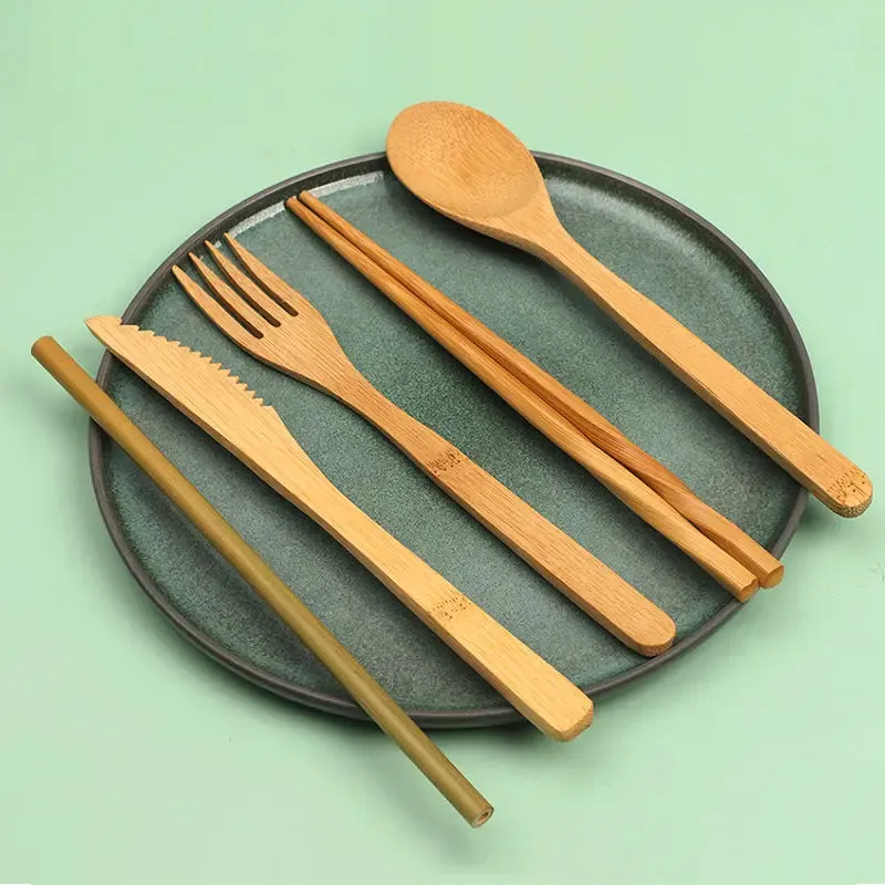Bamboo Cutlery Fork Knife Spoon Chopstick Straw Set Dinnerware Utensils Picnic Set Eco Portable Reusable BUT06