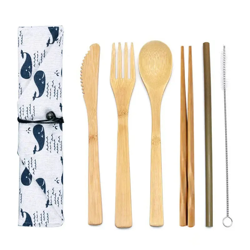 Bamboo Cutlery Fork Knife Spoon Chopstick Straw Set Dinnerware Utensils Picnic Set Eco Portable Reusable BUT06