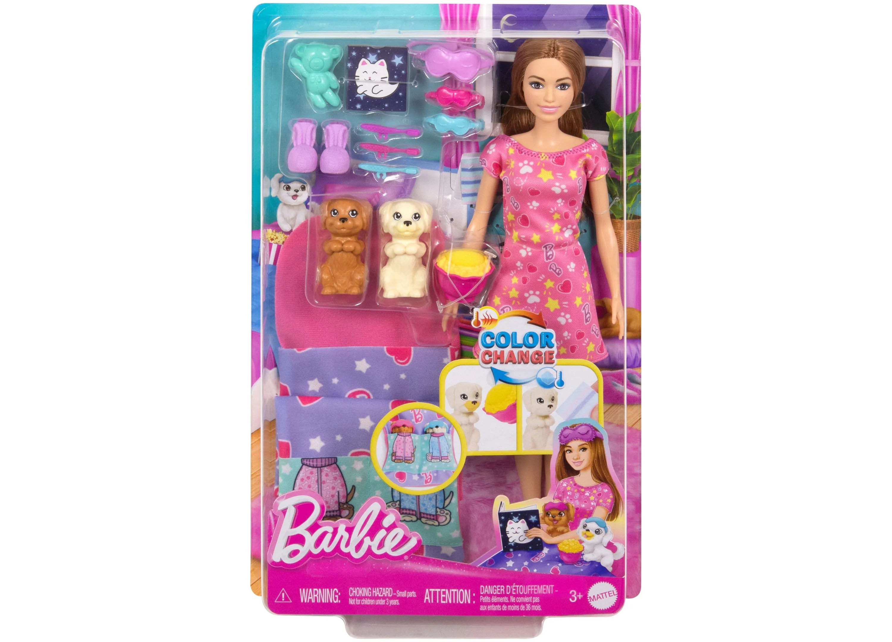 Barbie Doll Puppy Slumber Party Playset with 2 Toy Dog Figures, 10  Accessories, Color-Change
