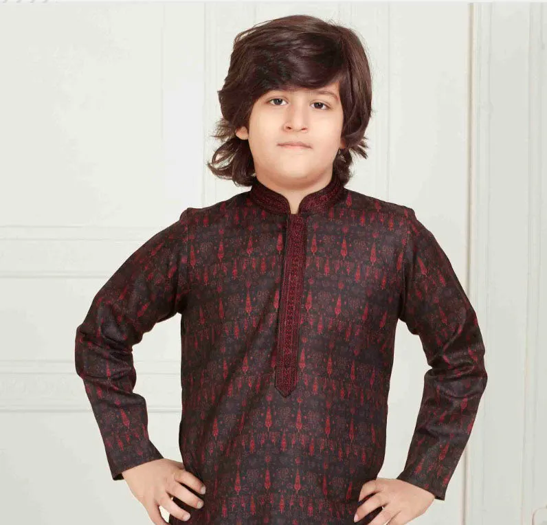 Beautiful Maroon Colored Poly Cotton Kurta With Pajama Set For Kids