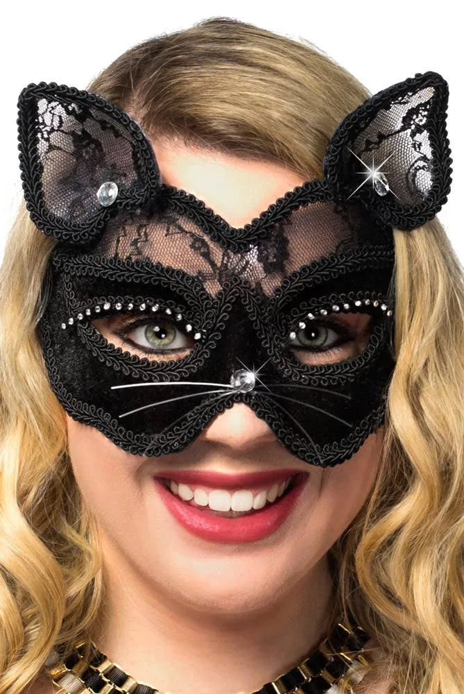 Black Cat Luxury Velvet and Sheer Lace Masquerade Mask