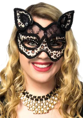 Black Lace and Leopard Print Velvet Luxury Cat Face Masquerade Mask