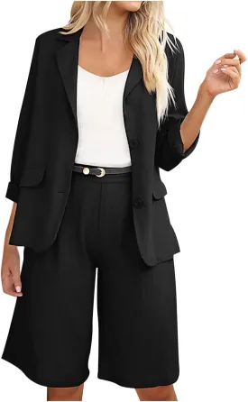 Blazer Sets for Women 2 Piece Outfits Open Front Button Up Jacket and Bermuda Shorts Suits Work Office Casual Sets