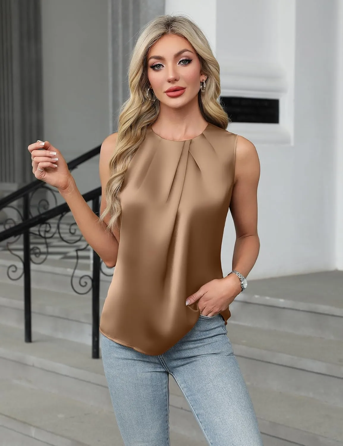 Blooming Jelly Womens Summer Tank Tops Business Casual Outfits Satin Blouse Dressy Work Shirts Spring Clothes