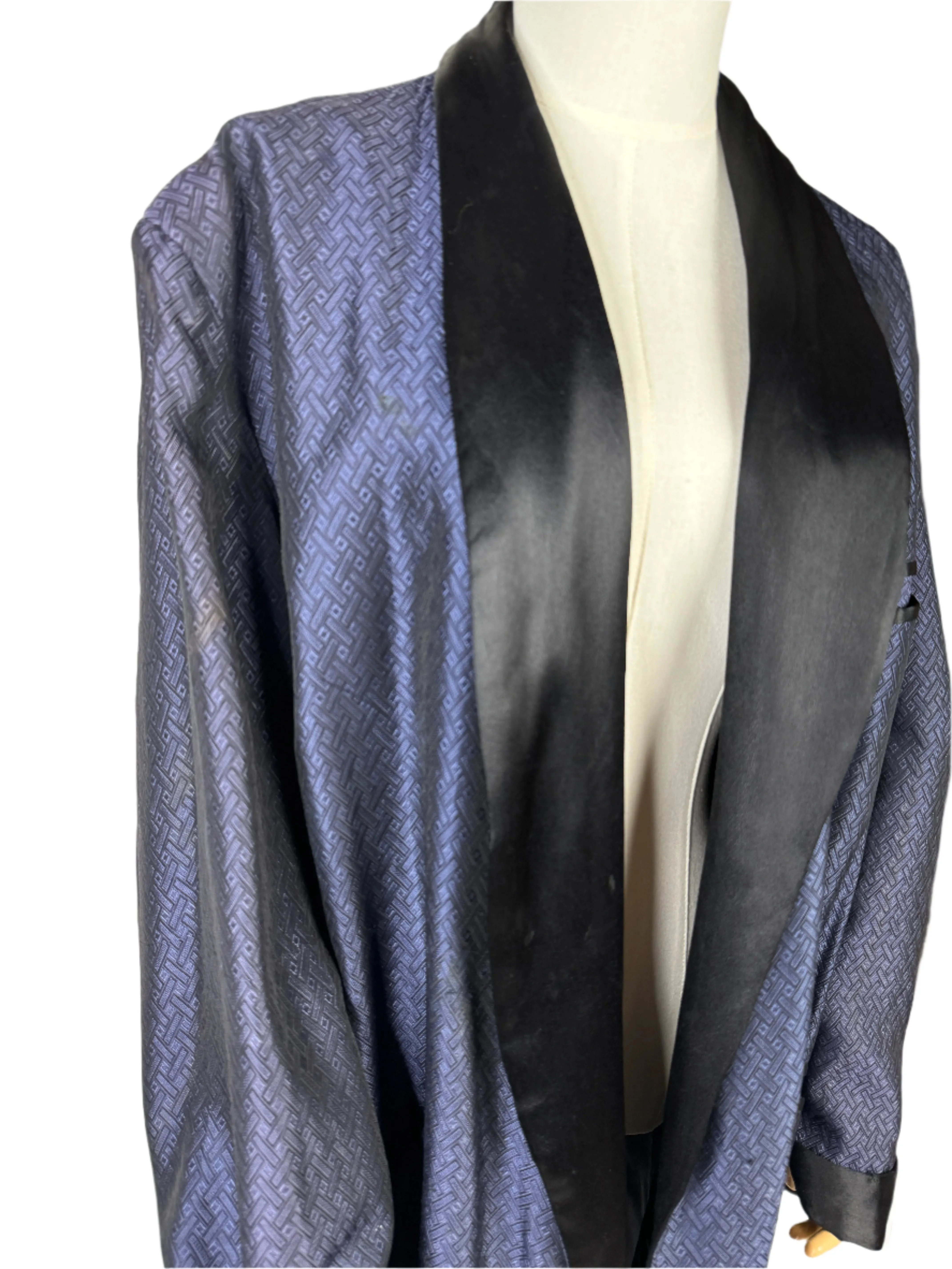 Blue & Black Satin Smoking Jacket Robe 1960s