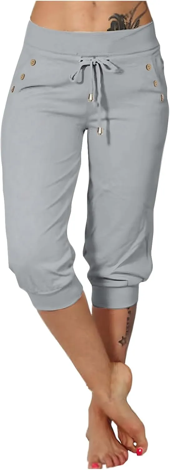 Capri Pants for Women High Waisted Drawstring Joggers Stretch Lightweight Casual Hiking Pant Capri with Pockets