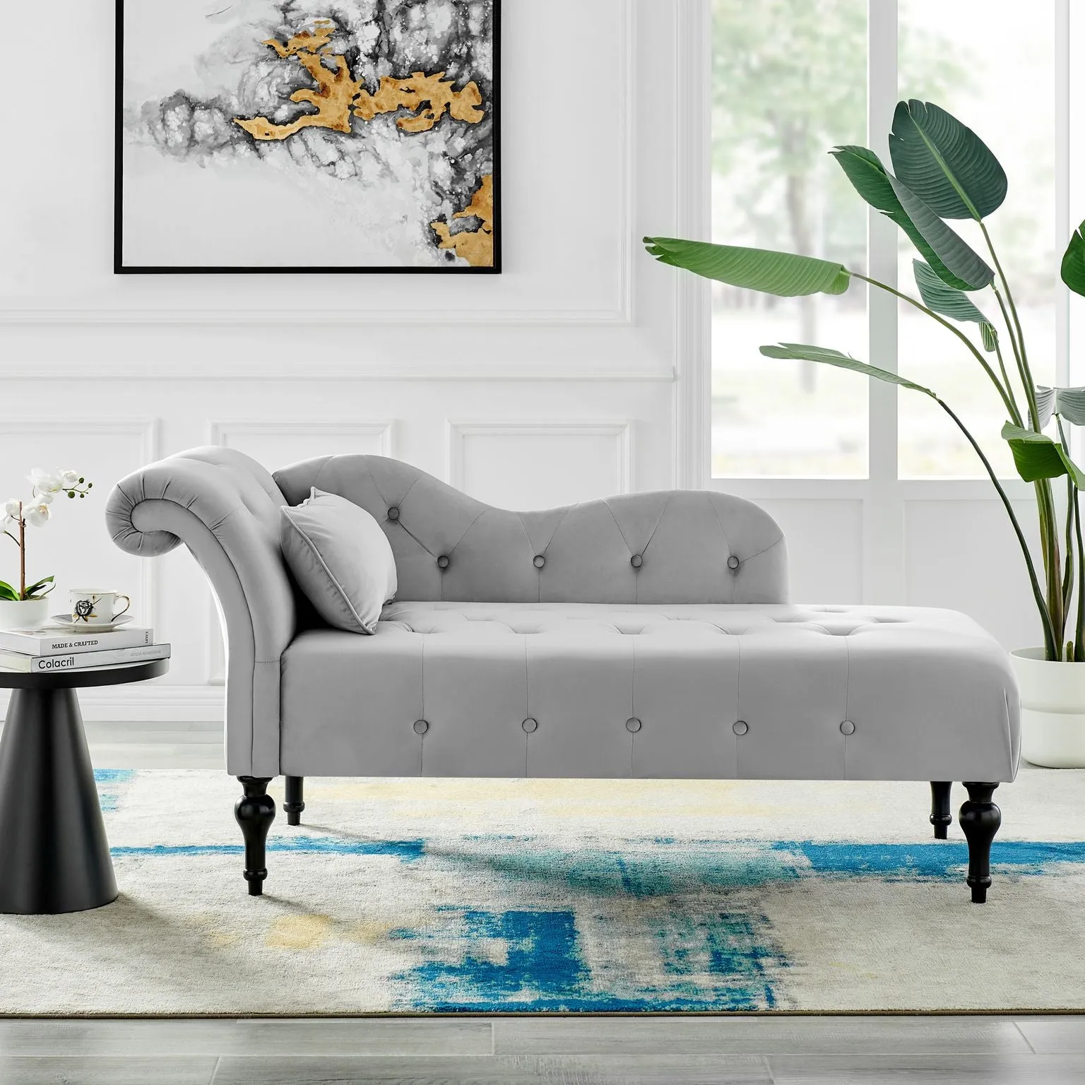 Chaise Lounge Velvet Sofa with Wooden Legs - Light Grey