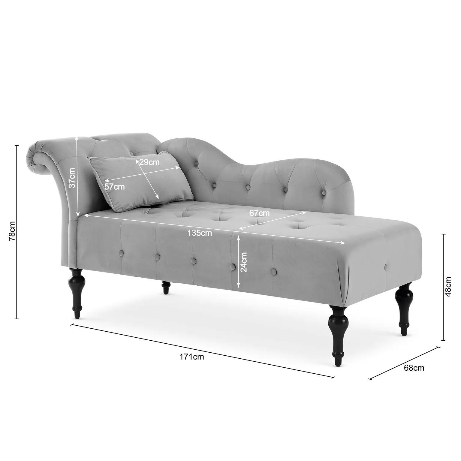 Chaise Lounge Velvet Sofa with Wooden Legs - Light Grey