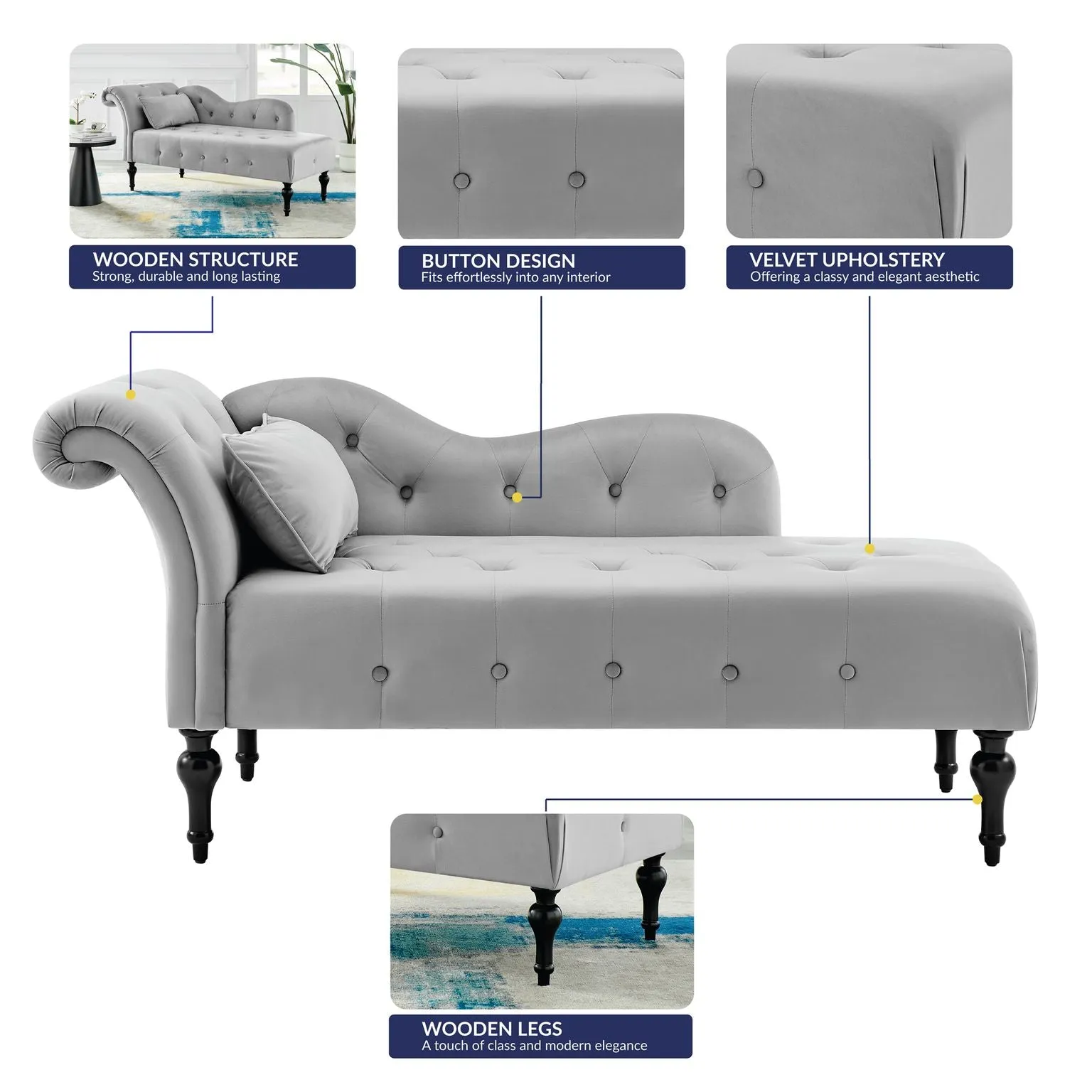 Chaise Lounge Velvet Sofa with Wooden Legs - Light Grey