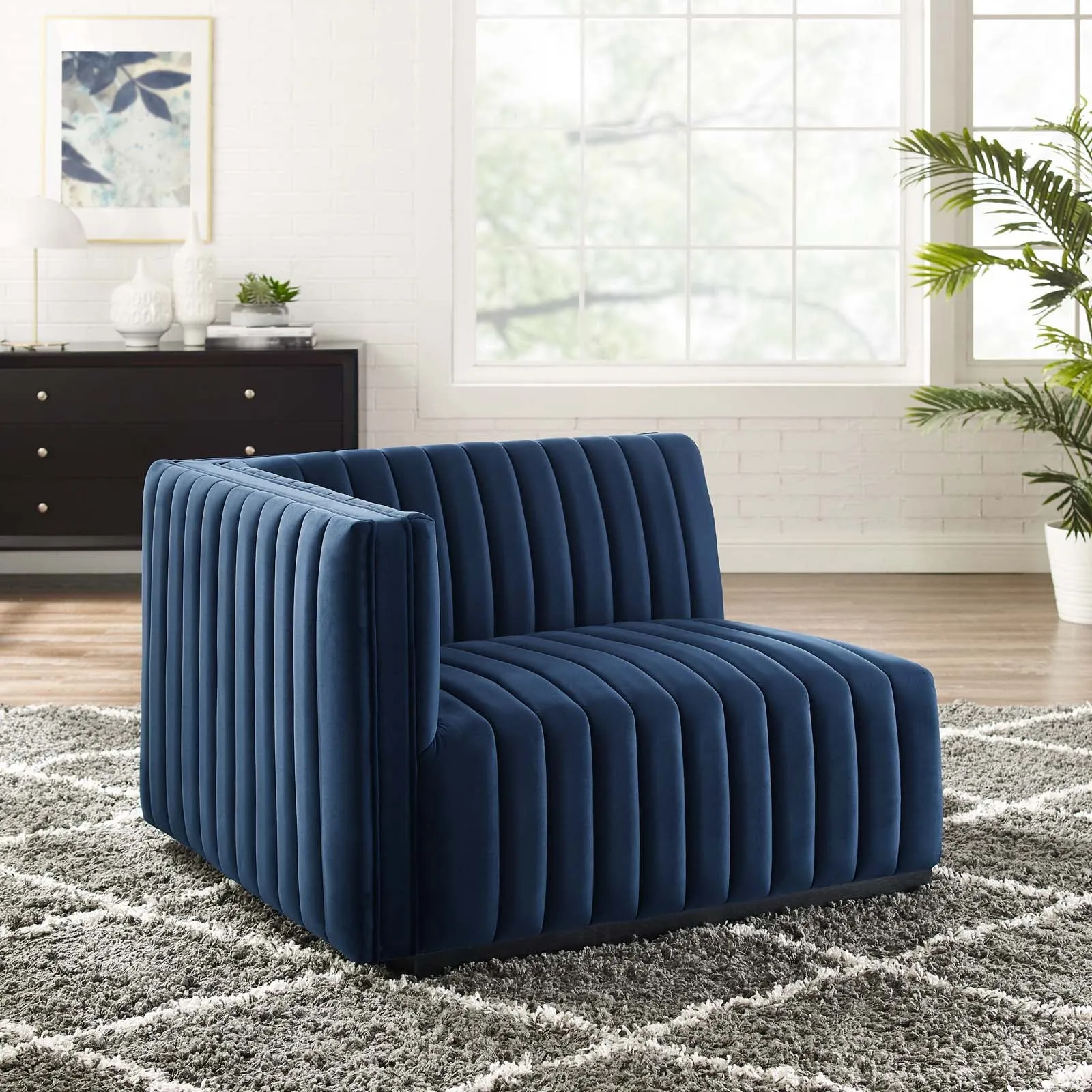 Conjure Channel Tufted Performance Velvet Left-Arm Chair Black Midnight Blue EEI-5490-BLK-MID