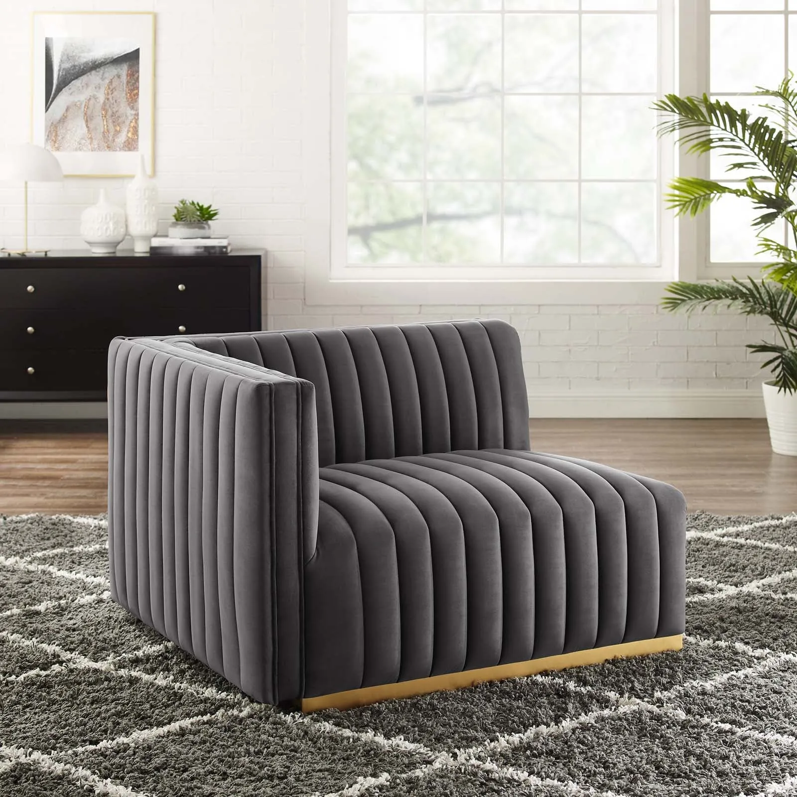 Conjure Channel Tufted Performance Velvet Left-Arm Chair Gold Gray EEI-5502-GLD-GRY