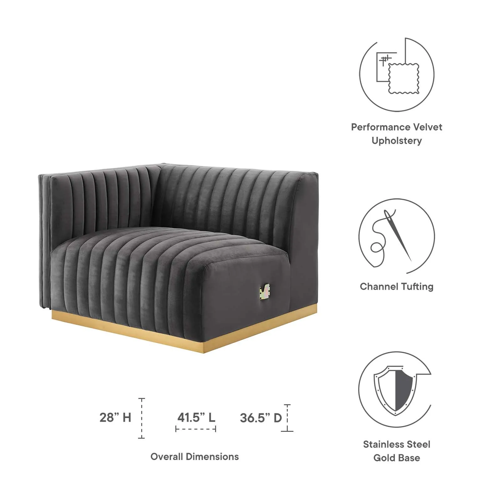 Conjure Channel Tufted Performance Velvet Left-Arm Chair Gold Gray EEI-5502-GLD-GRY